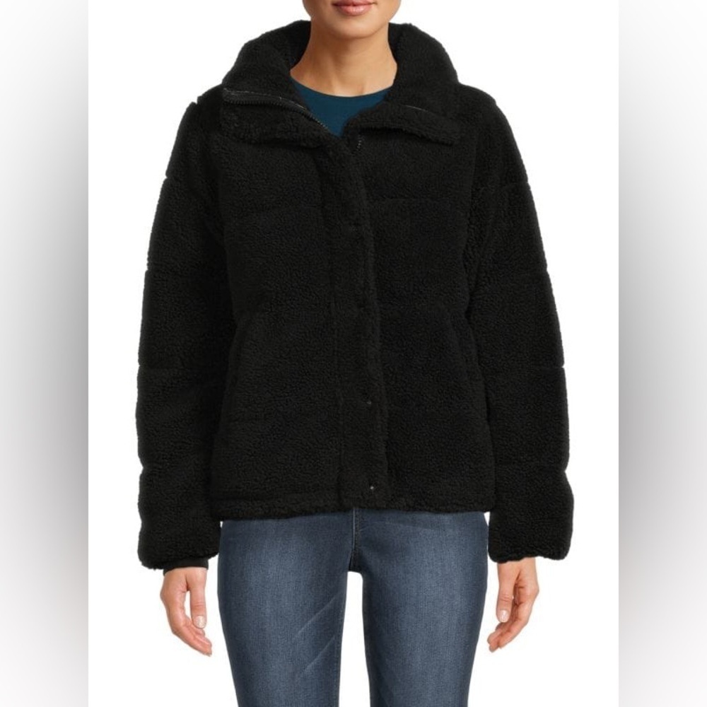 NWT S13 Lilly Black Sherpa Puffer Jacket Fuzzy Faux Fur Sz S